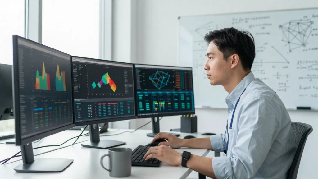 Científico de datos trabajando concentrado frente a múltiples pantallas con visualizaciones de datos.