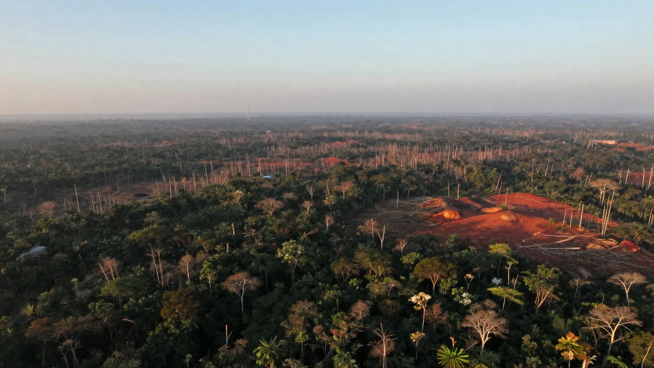 Deforestación en la Amazonía con zonas taladas y restos de bosque visibles.