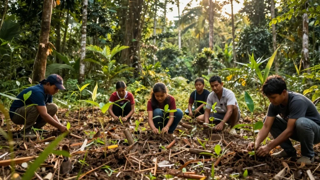 Comunidad local replantando jóvenes árboles en una zona deforestada de selva tropical.