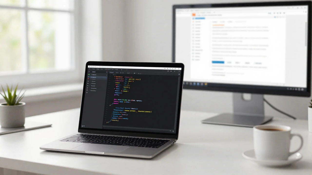 Escritorio moderno con portátil mostrando código Node.js y documentación técnica en segundo monitor.