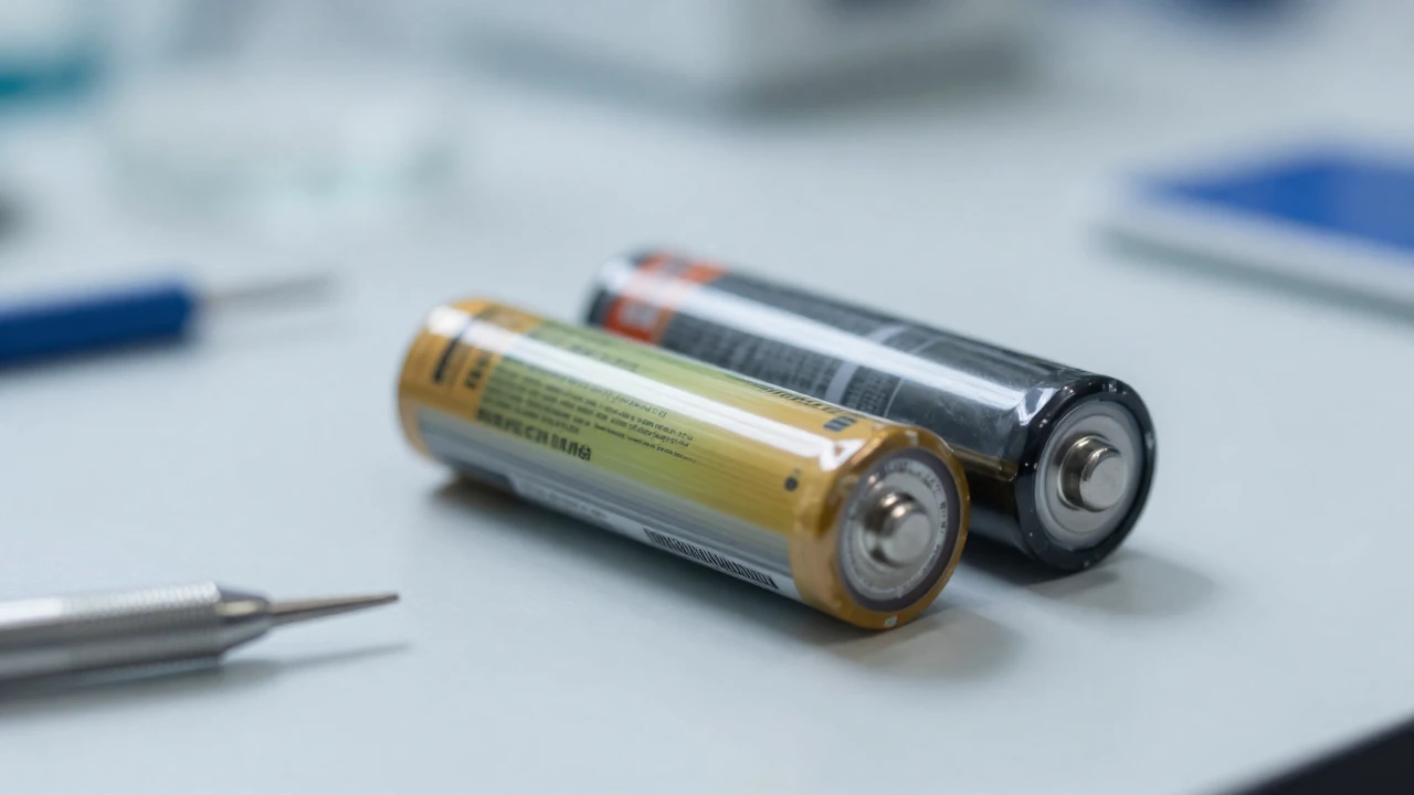 Batería parcialmente desmontada muestra sus capas internas y herramientas de laboratorio.