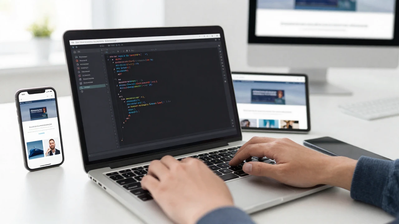 Manos escriben código para un diseño web adaptable en varios dispositivos.