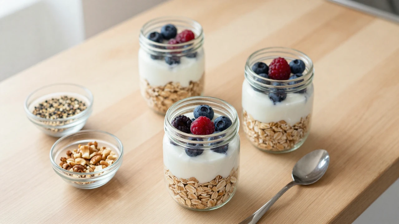 Tres desayunos en tarros con avena, frutos rojos y yogur sobre una encimera de madera.