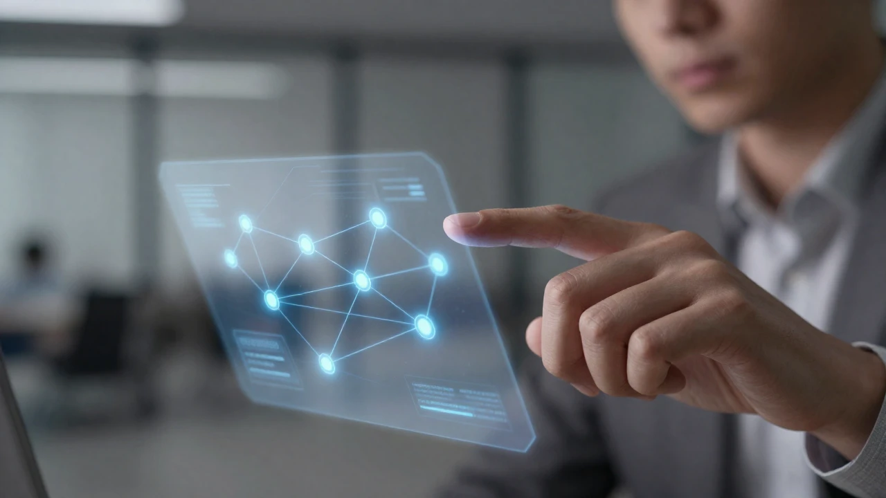 Manos interactúan con una red holográfica de datos en una oficina moderna.