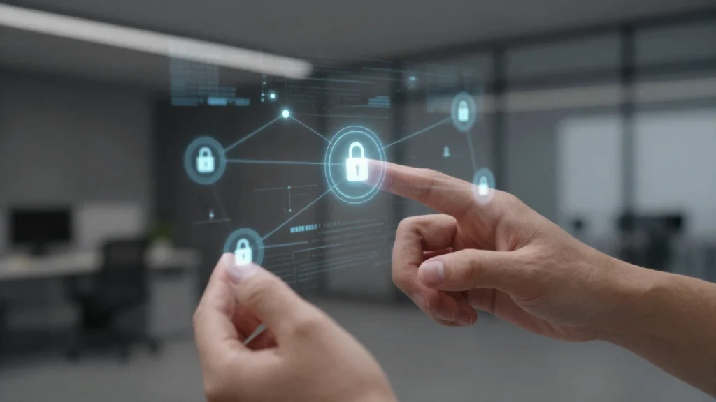 Manos interactúan con una red holográfica de nodos blockchain en una oficina moderna.