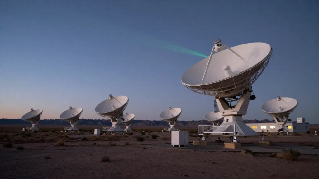 Gran conjunto de radiotelescopios en el desierto de Nuevo México al atardecer.