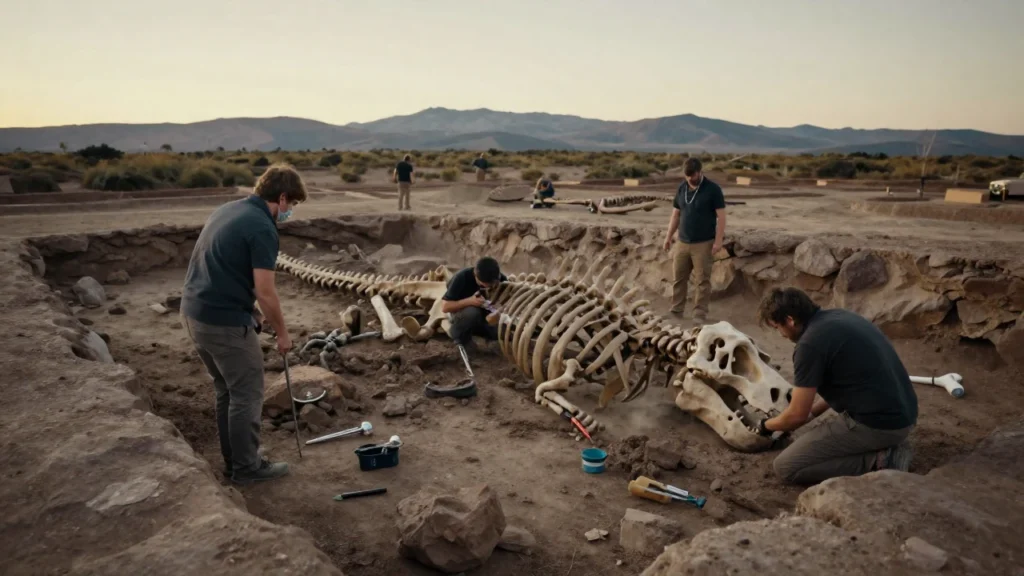 Paleontólogos descubren el esqueleto fosilizado de un dinosaurio en Patagonia argentina.