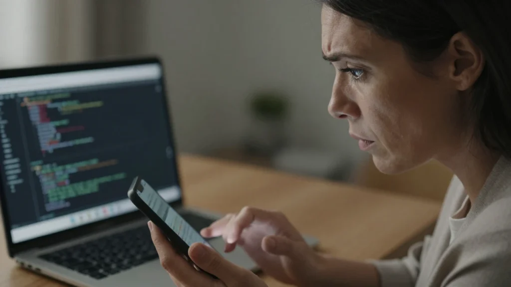 Una mujer revisa con preocupación la pantalla de su teléfono en un escritorio con un portátil.