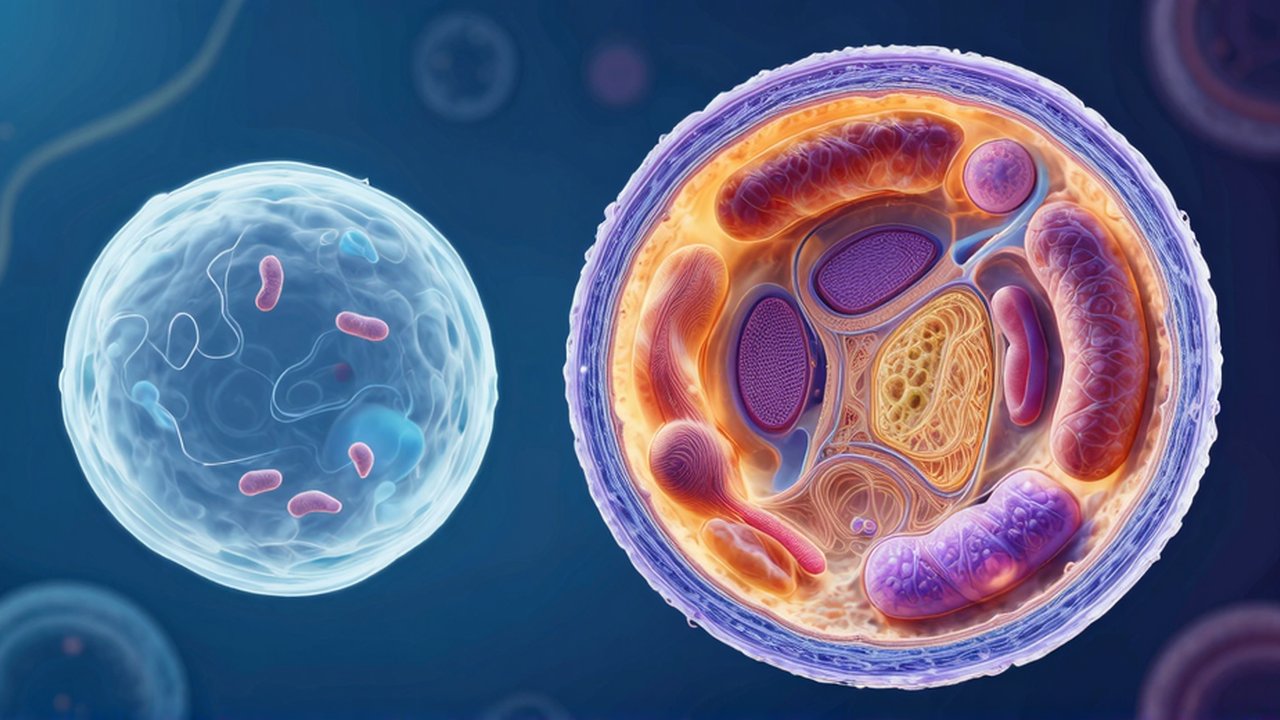 Comparación científica de una célula procariota simple junto a una célula eucariota con organelos complejos.