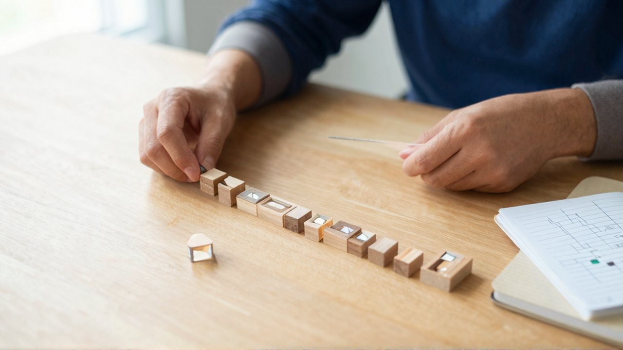 Manos organizando bloques de madera y figuras geométricas traslúcidas en una hilera sobre un escritorio.