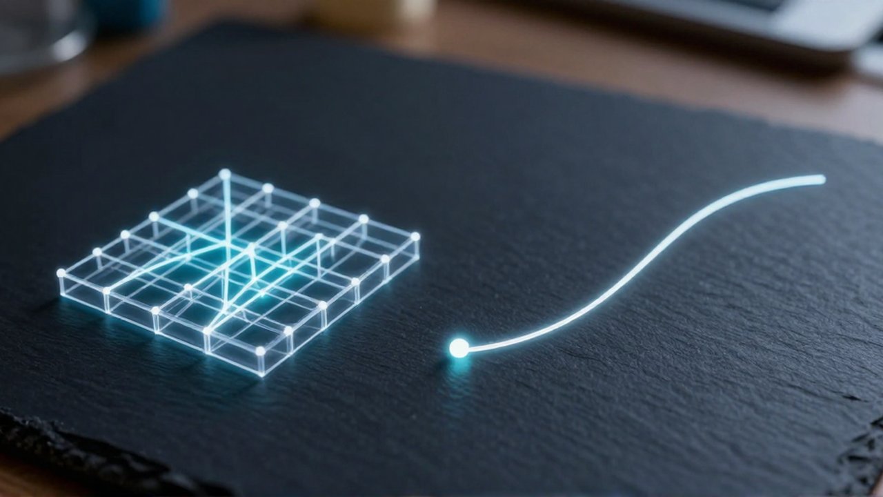 Vectores geométricos tridimensionales y una curva matemática con un punto tangente sobre una superficie oscura.