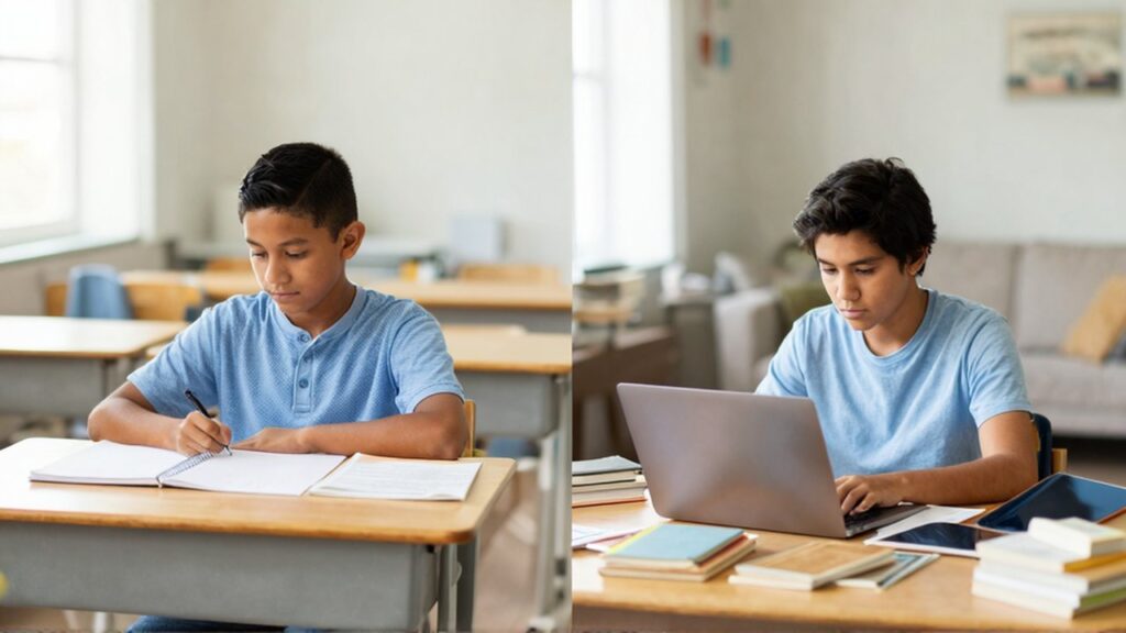Un estudiante sentado en un aula con escritorio de madera frente a sí mismo trabajando con una computadora en casa.