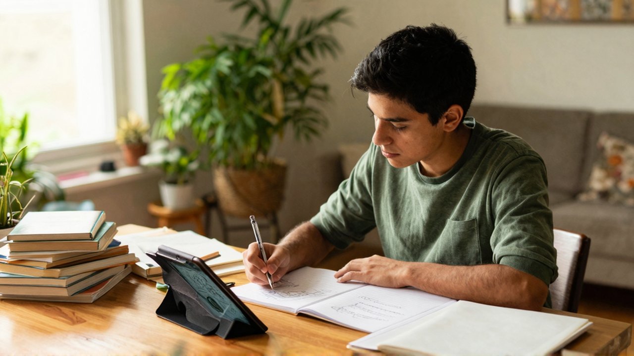 Joven sentado en un escritorio de madera con libros, un cuaderno y una tableta.
