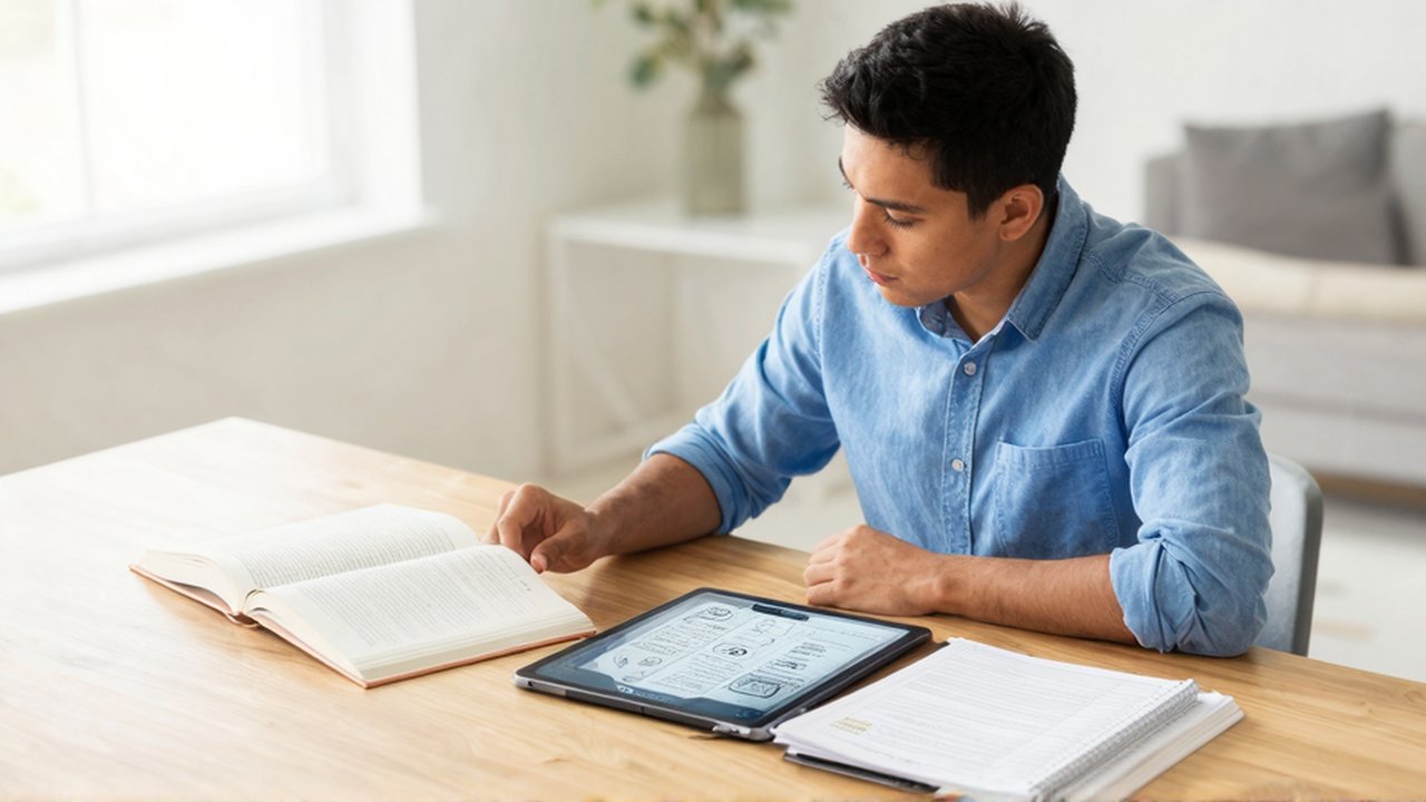 Persona joven sentada frente a un escritorio de madera con libros, un cuaderno y una tableta digital.
