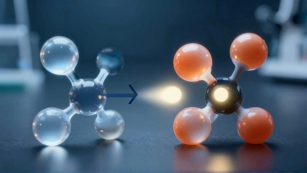 Dos modelos moleculares translúcidos muestran la transferencia de un electrón y el intercambio de un par central.