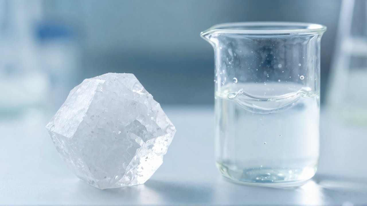 Un cristal de sal geométrico reposa junto a un vaso de precipitados con líquido salpicando.