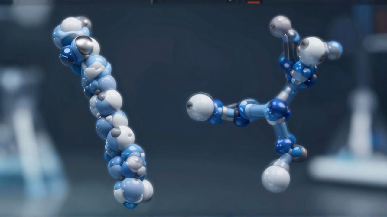 Modelos tridimensionales de cadenas moleculares de ácidos grasos, una recta y otra con un doble enlace.