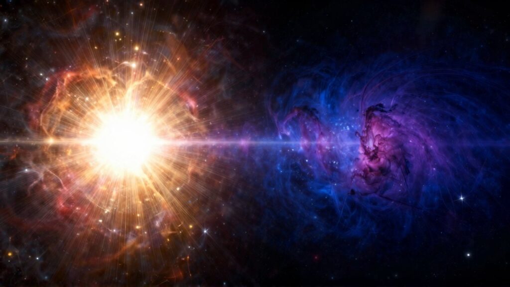 Visualización cósmica con un estallido de luz intensa frente a cúmulos de estrellas en expansión.