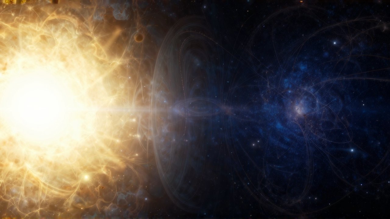 Paisaje cósmico que transiciona desde un resplandor uniforme y dorado hacia una red de galaxias oscuras.
