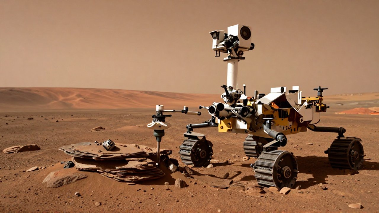 Un rover científico utiliza un brazo mecánico con un taladro sobre una formación rocosa en el paisaje marciano.