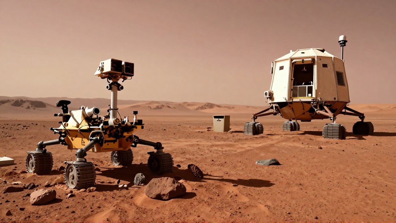 Un rover realiza perforaciones en la superficie de Marte junto a un hábitat modular y un módulo de descenso.