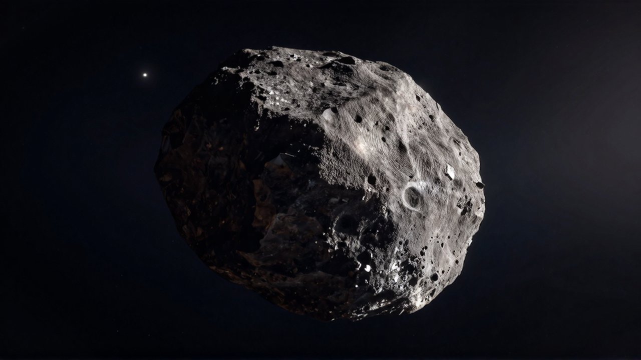 Asteroide de roca oscura y fragmentos metálicos con cráteres que flota en el espacio profundo.