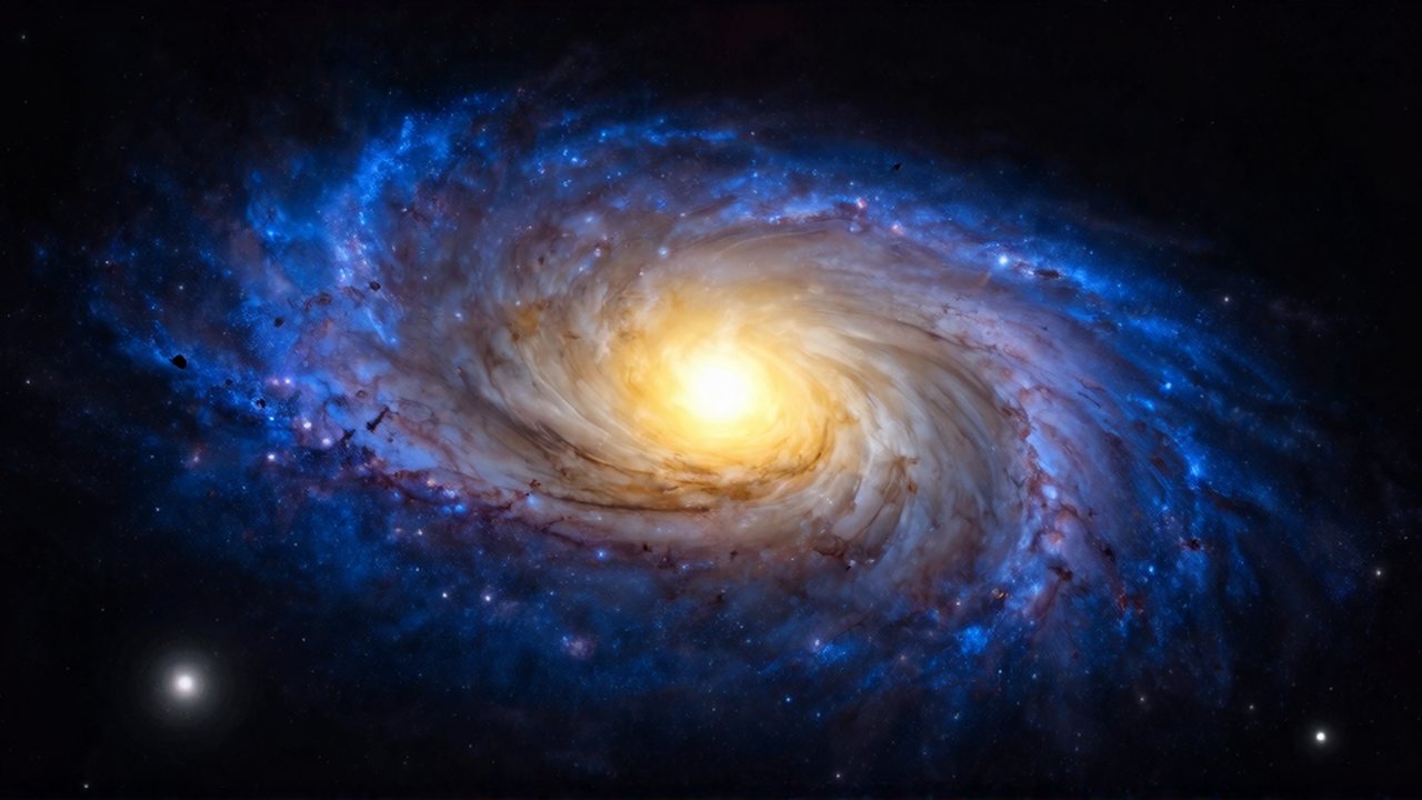 Galaxia espiral con un núcleo amarillo denso y brazos azul brillante en el espacio profundo.