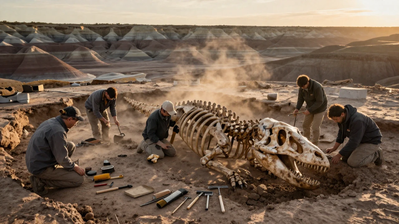 Paleontólogos descubren y excavan el esqueleto de un dinosaurio en Patagonia argentina.