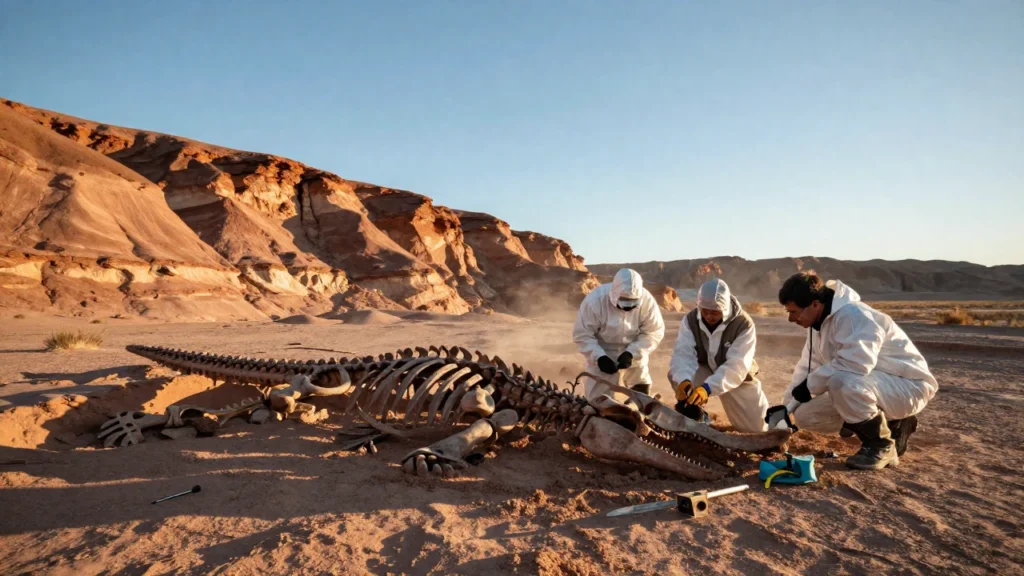Paleontólogos excavan el esqueleto de un dinosaurio en un desierto patagónico.