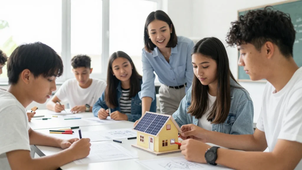 Estudiantes de secundaria construyen un modelo de casa alimentado con energía solar en clase.
