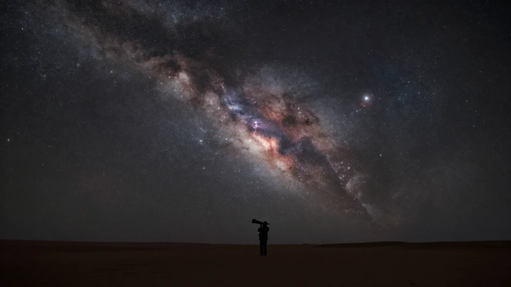 Astrónomo observando el cielo nocturno lleno de nebulosas y galaxias en el desierto.