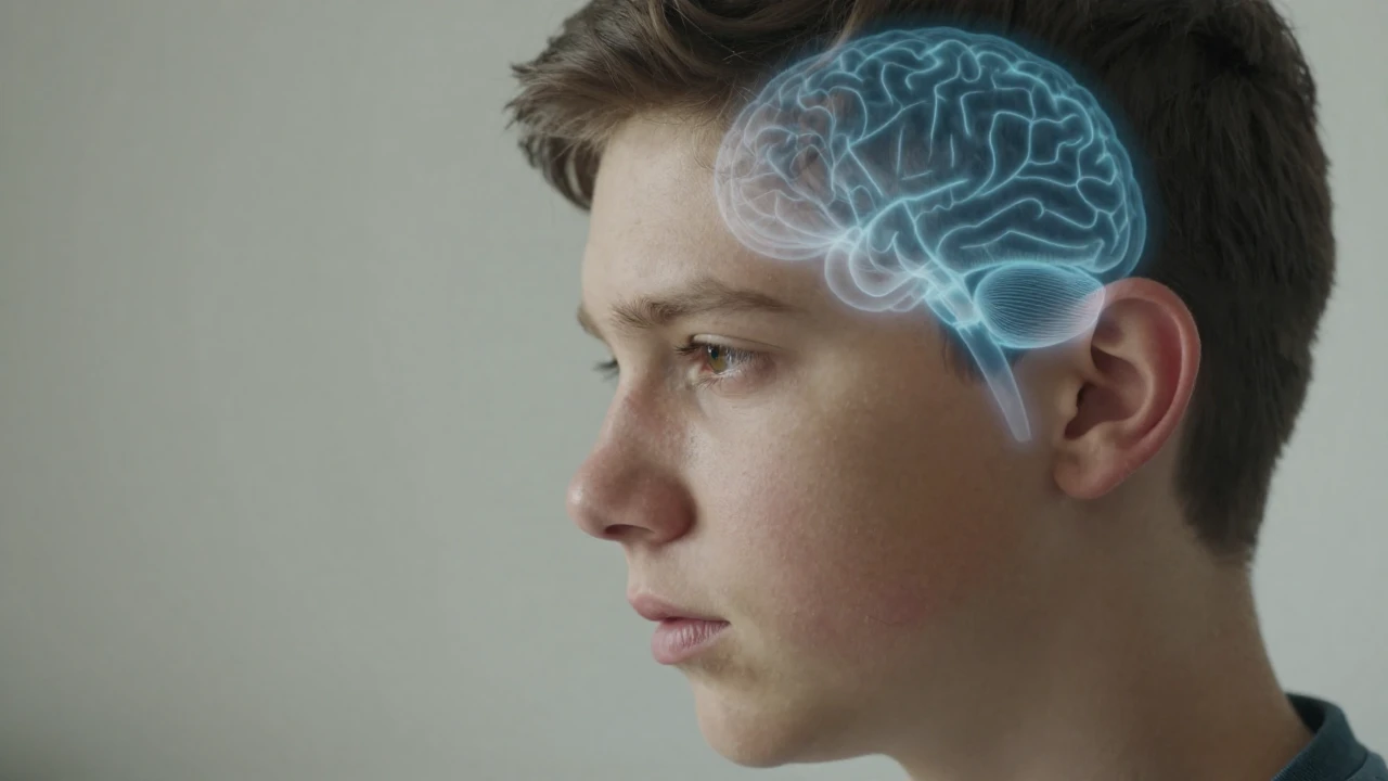 Un adolescente muestra un escaneo cerebral translúcido superpuesto en su rostro en perfil.