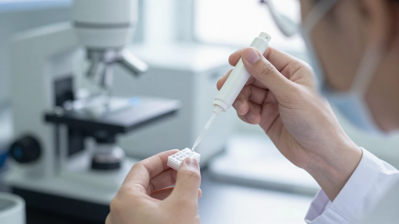 Una científica manipula una muestra líquida en un chip microfluídico en un laboratorio genético.