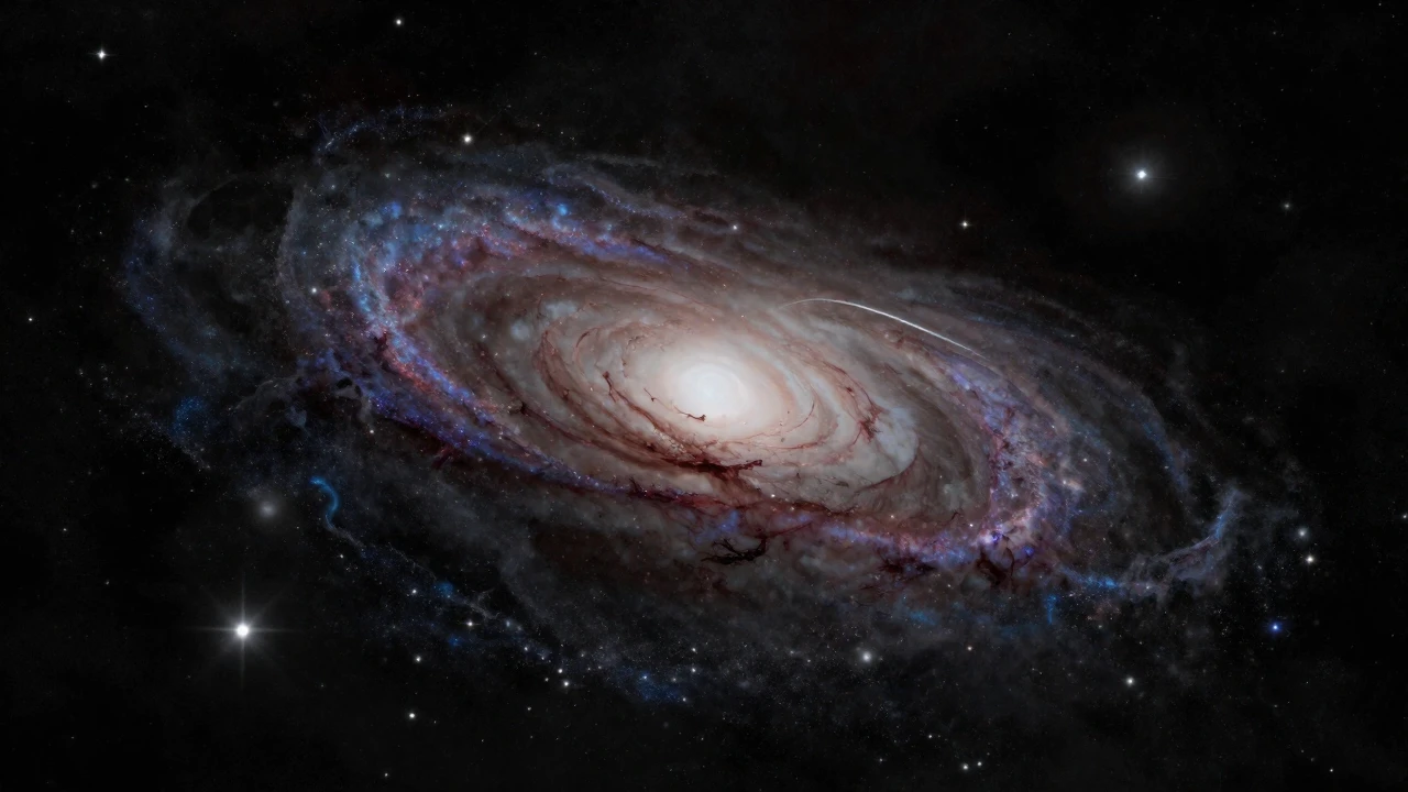Galaxias espirales y nebulosas convergen en un vasto paisaje cósmico de tonos rojizos.