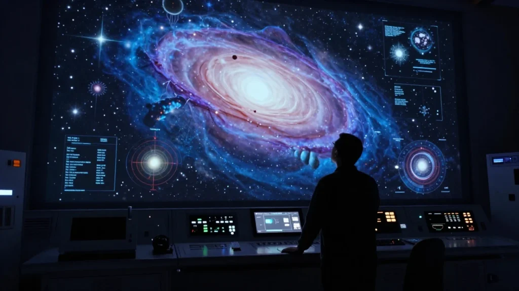 Astrónomo frente a una proyección holográfica del universo en un observatorio espacial.