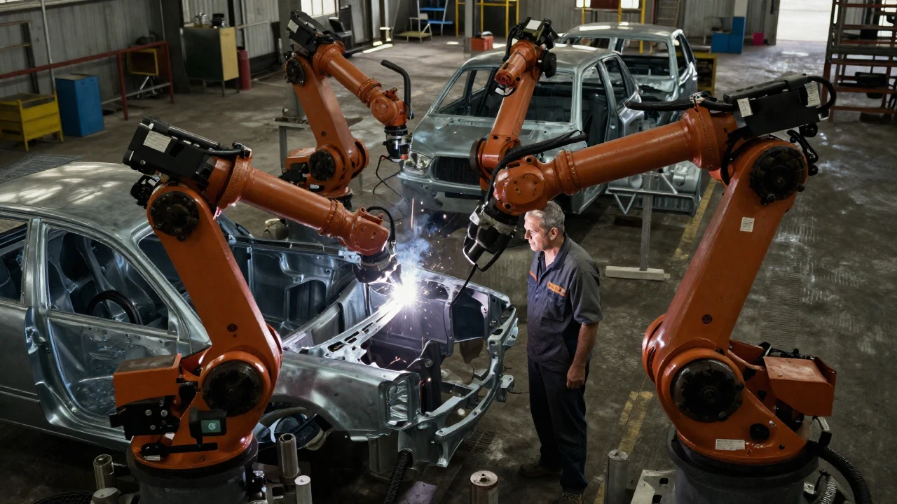 Un operario observa con preocupación robots soldando chasis de vehículos en una fábrica.