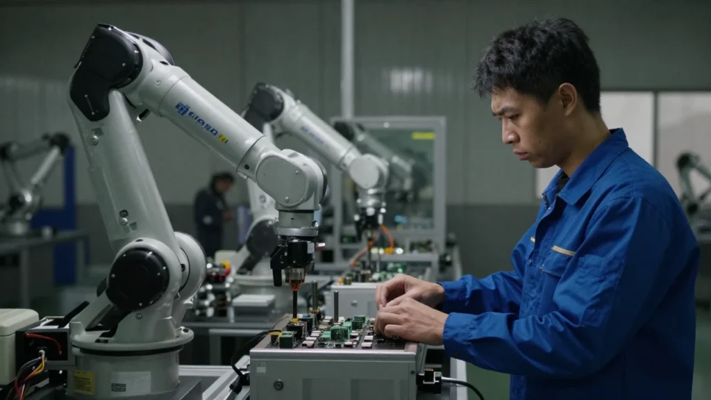 Un operario observa con preocupación a robots ensamblando componentes electrónicos en una fábrica.