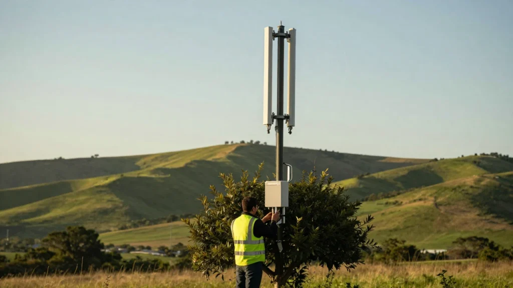 Una torre de telefonía móvil disfrazada de árbol se alza en una colina verde