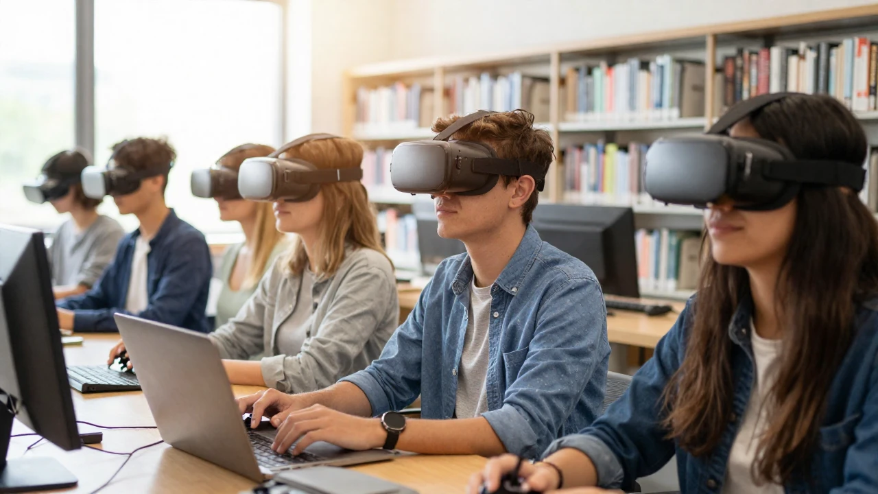 Estudiantes universitarios colaboran con gafas de realidad virtual en una biblioteca moderna.