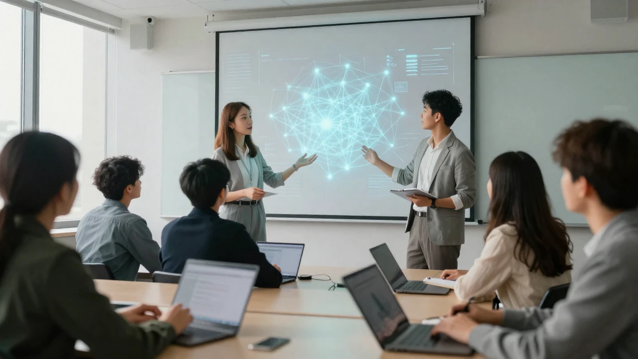 Profesora explica un diagrama de red holográfico a estudiantes en una aula universitaria moderna.