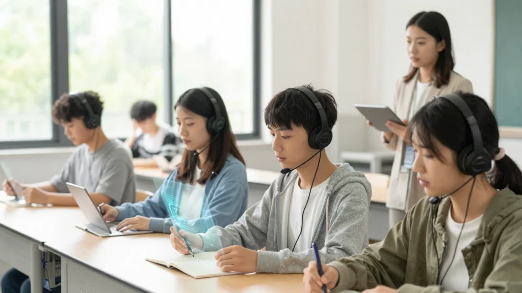 Estudiantes de secundaria participan en una clase inmersiva con tecnología holográfica.