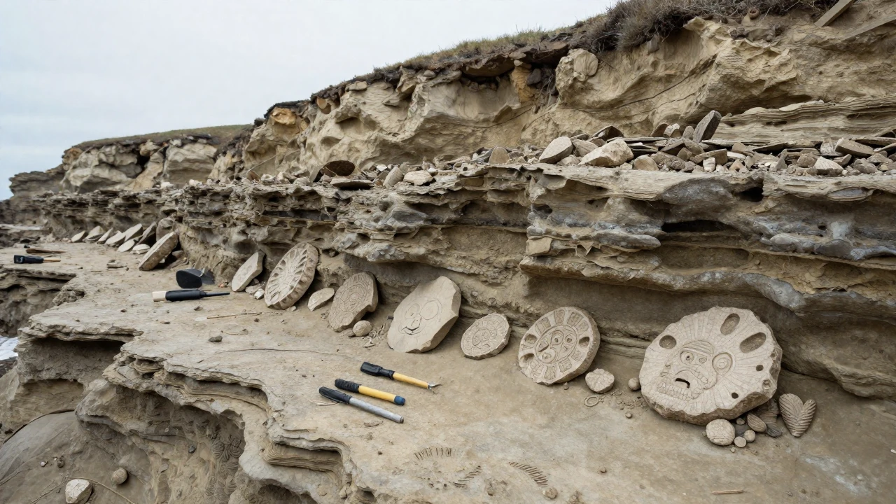 Fósiles de reptiles marinos del Paleozoico emergen de estratos rocosos costeros en excavación.