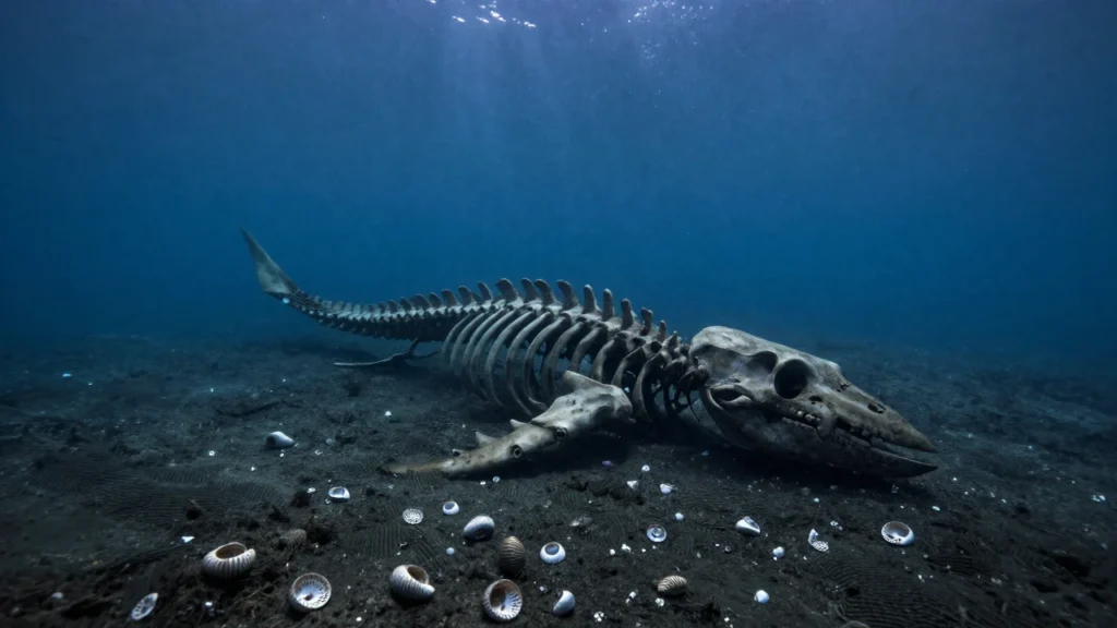 Esqueleto fosilizado de un plesiosaurio parcialmente enterrado en el lecho marino profundo.