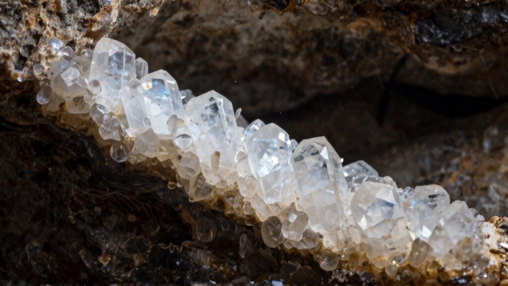 Cristales translúcidos de cuarzo y calcita crecen con formas geométricas dentro de una cavidad rocosa.