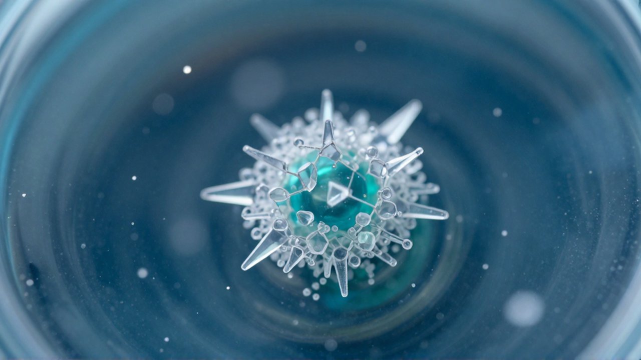 Pequeñas partículas minerales brillantes se agrupan alrededor de un núcleo geométrico en un líquido traslúcido.