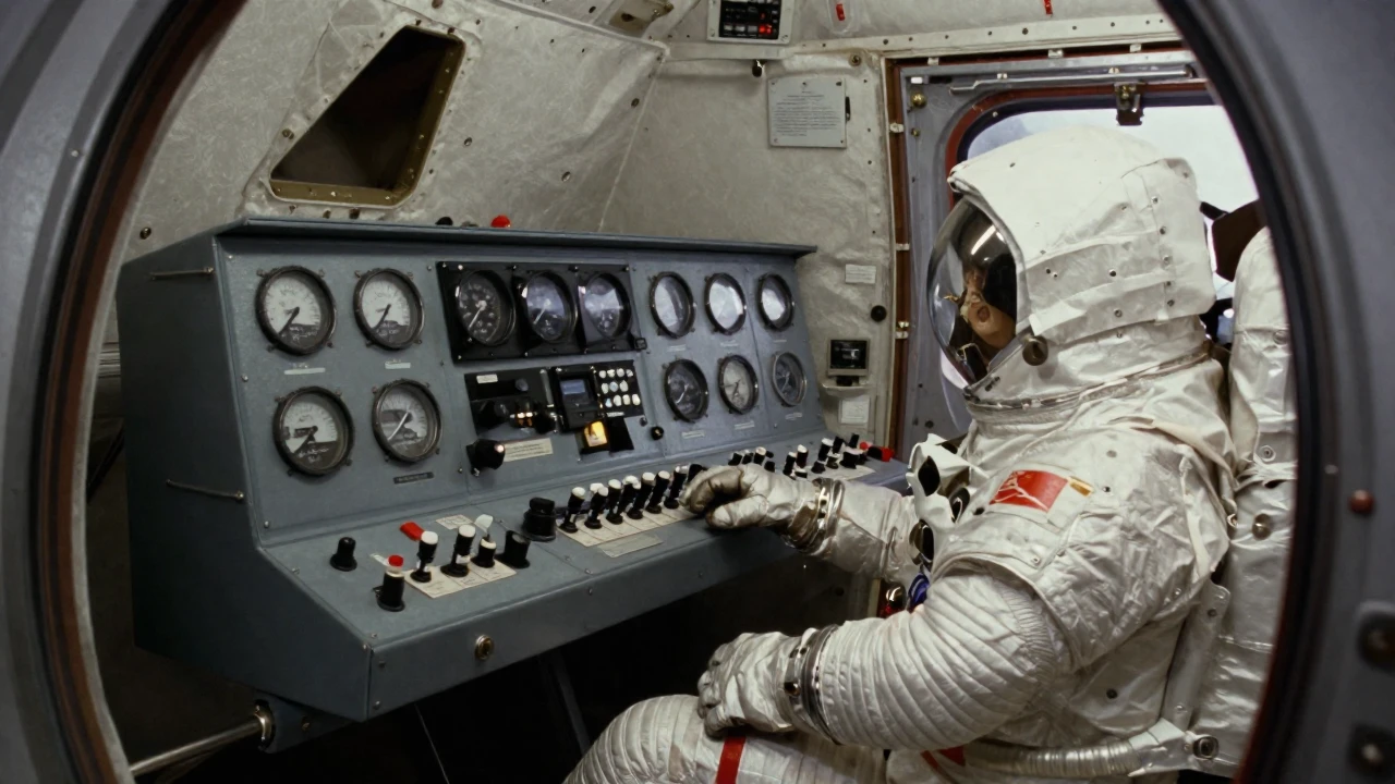 Interior de una cápsula espacial Mercury con un astronauta y su panel de control.