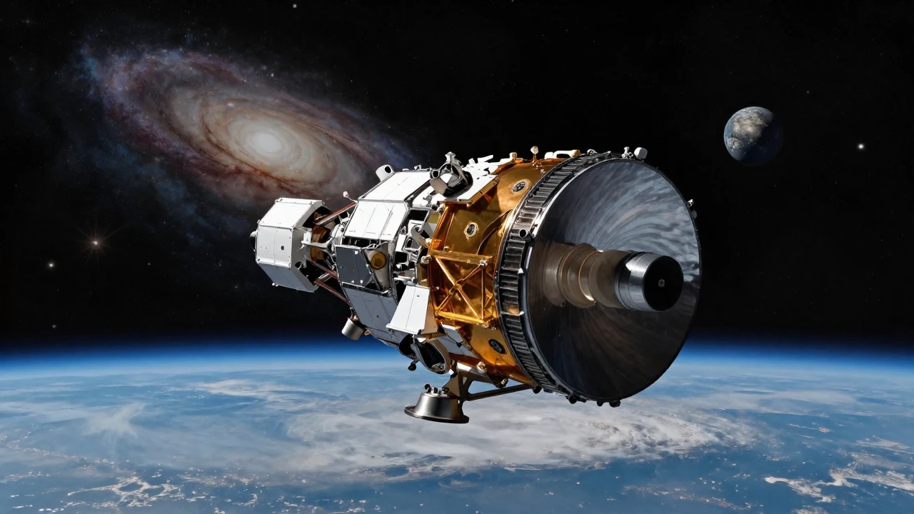 Un gran telescopio espacial orbita la Tierra sobre un fondo galáctico estrellado.