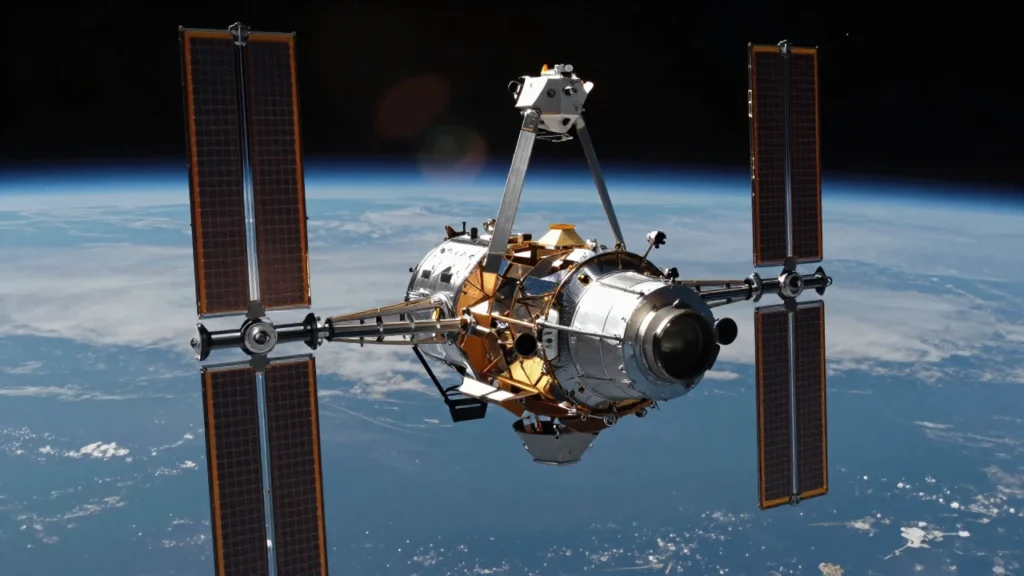 Telescopio espacial Nancy Grace Roman orbitando la Tierra con sus paneles solares desplegados.