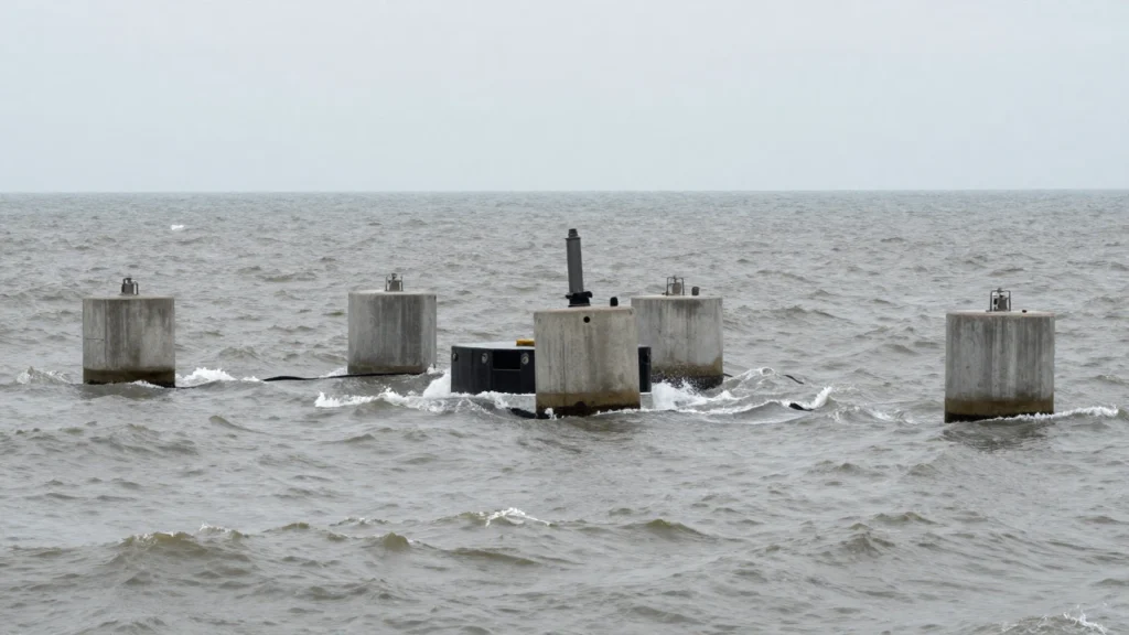 Boyas convertidoras de energía undimotriz flotan en un mar gris y agitado.