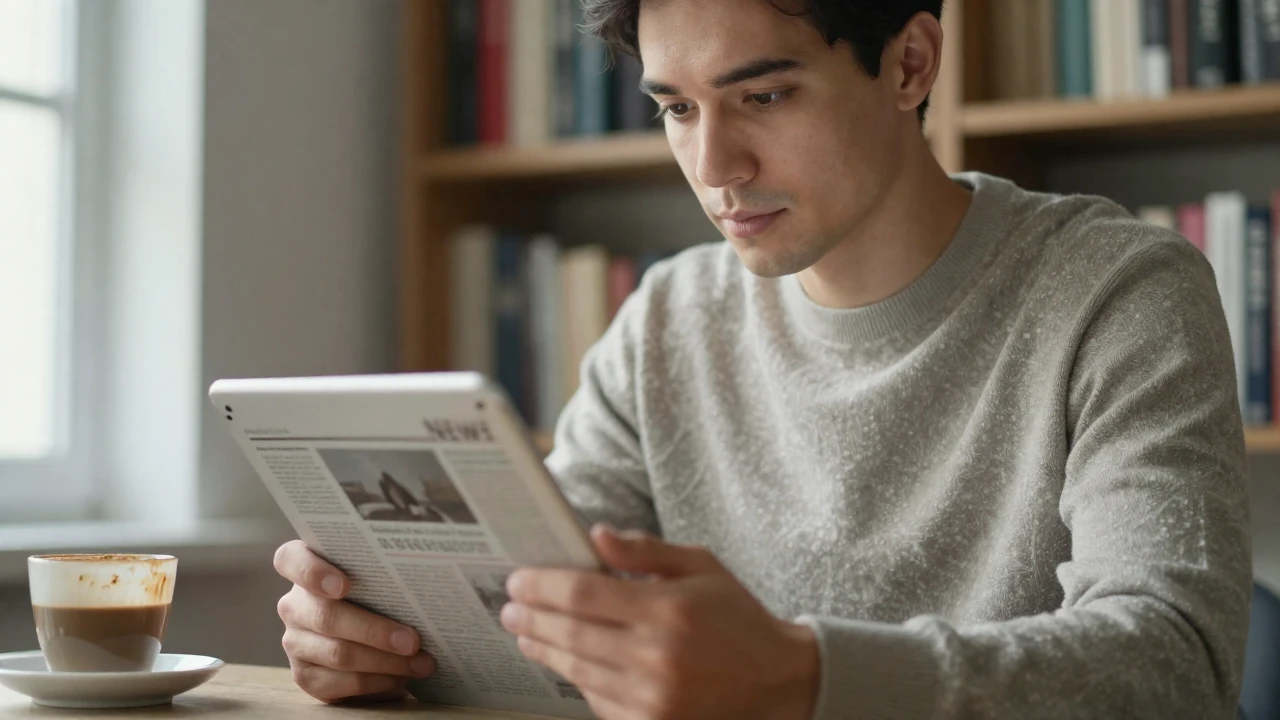 Un hombre leyendo noticias en una tableta con una taza de café cerca.